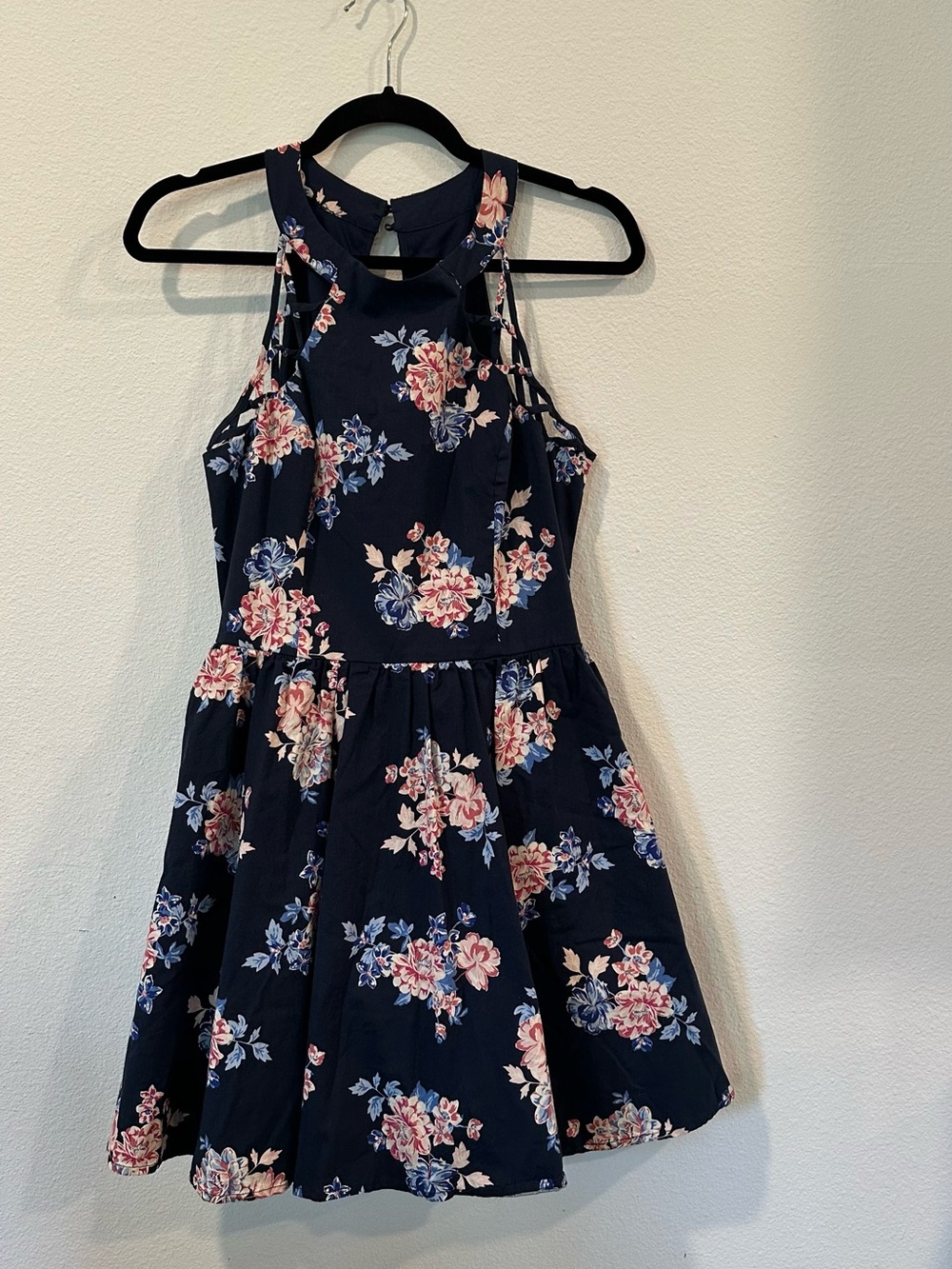 Charlotte Russe Navy Floral Halter Dress with Pink & Blue Blooms